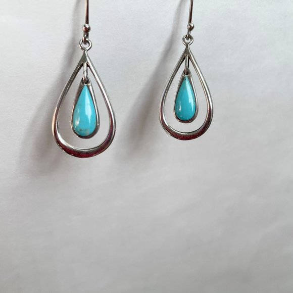 925 Sterling Silver Turquoise Earrings Dangle Drop Teardrop Signed SX Sally C - Picture 1 of 8